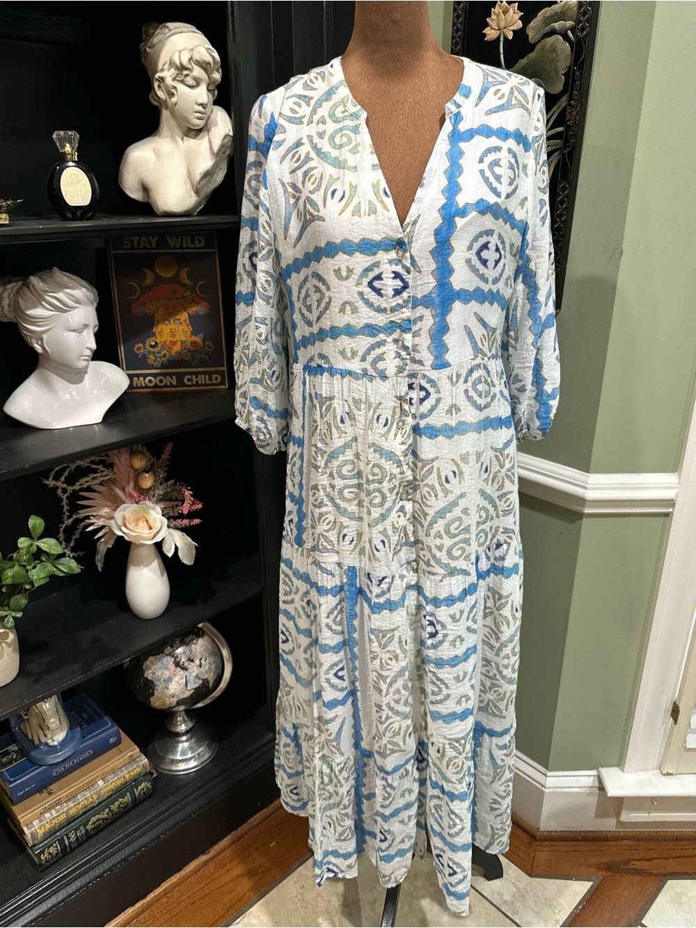 EsQualo Ocean Wonder Blue White Tile Print Tiered Midi Dress – Lined 3/4 Sleeve